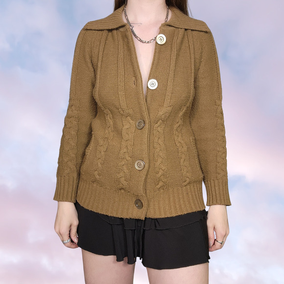 Vtg 60s 70s Brown Twee Geek Boho Button Up Collared Cable Knit Sweater Size Med - Picture 1 of 7